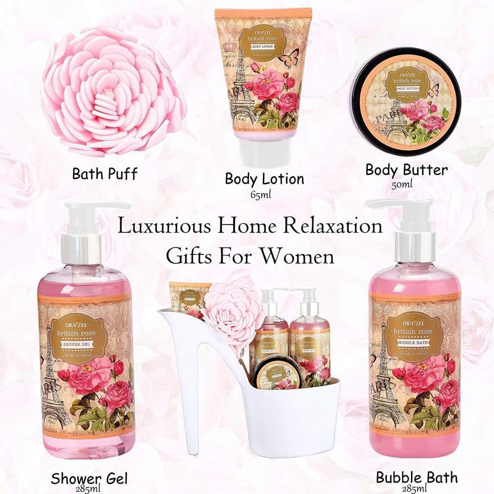 Bath and Body Gift Set - 8 Pcs Luxury Rose Scented Heel Shoe Spa Gift Set for Women - Shower Gel, Bubble Bath, Body Butter, Body Lotion & More - Christmas Gifts for Women, Gift for Mom -