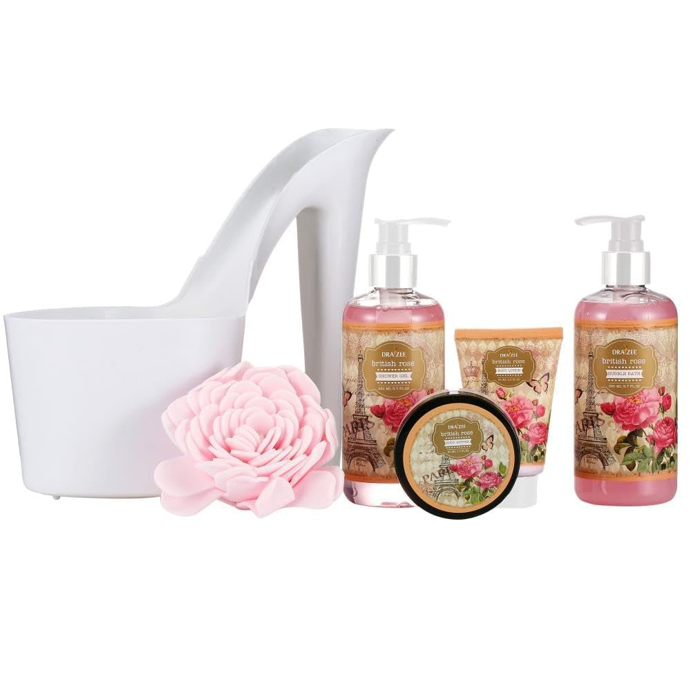 Bath and Body Gift Set - 8 Pcs Luxury Rose Scented Heel Shoe Spa Gift Set for Women - Shower Gel, Bubble Bath, Body Butter, Body Lotion & More - Christmas Gifts for Women, Gift for Mom -