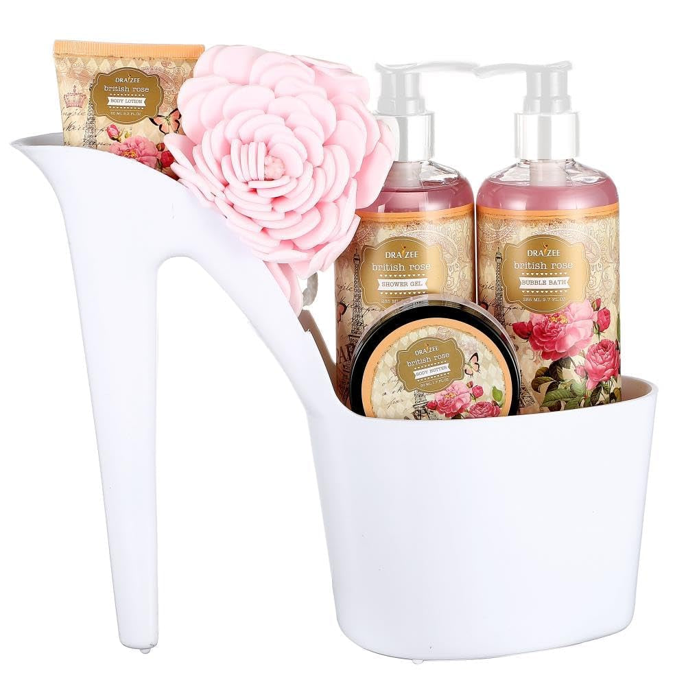 Bath and Body Gift Set - 8 Pcs Luxury Rose Scented Heel Shoe Spa Gift Set for Women - Shower Gel, Bubble Bath, Body Butter, Body Lotion & More - Christmas Gifts for Women, Gift for Mom -